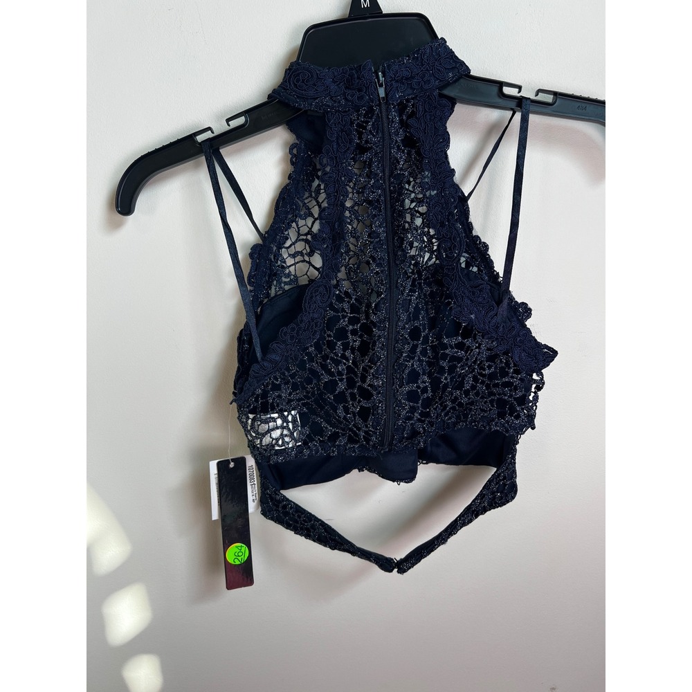 Sequin Hearts Navy Blue Lace Halter Crop Top Size 0‎ NWT - Picture 3 of 10
